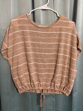 Max Studio London Striped Crop Top Drawstring Hem Short Sleeve Brown Size Small